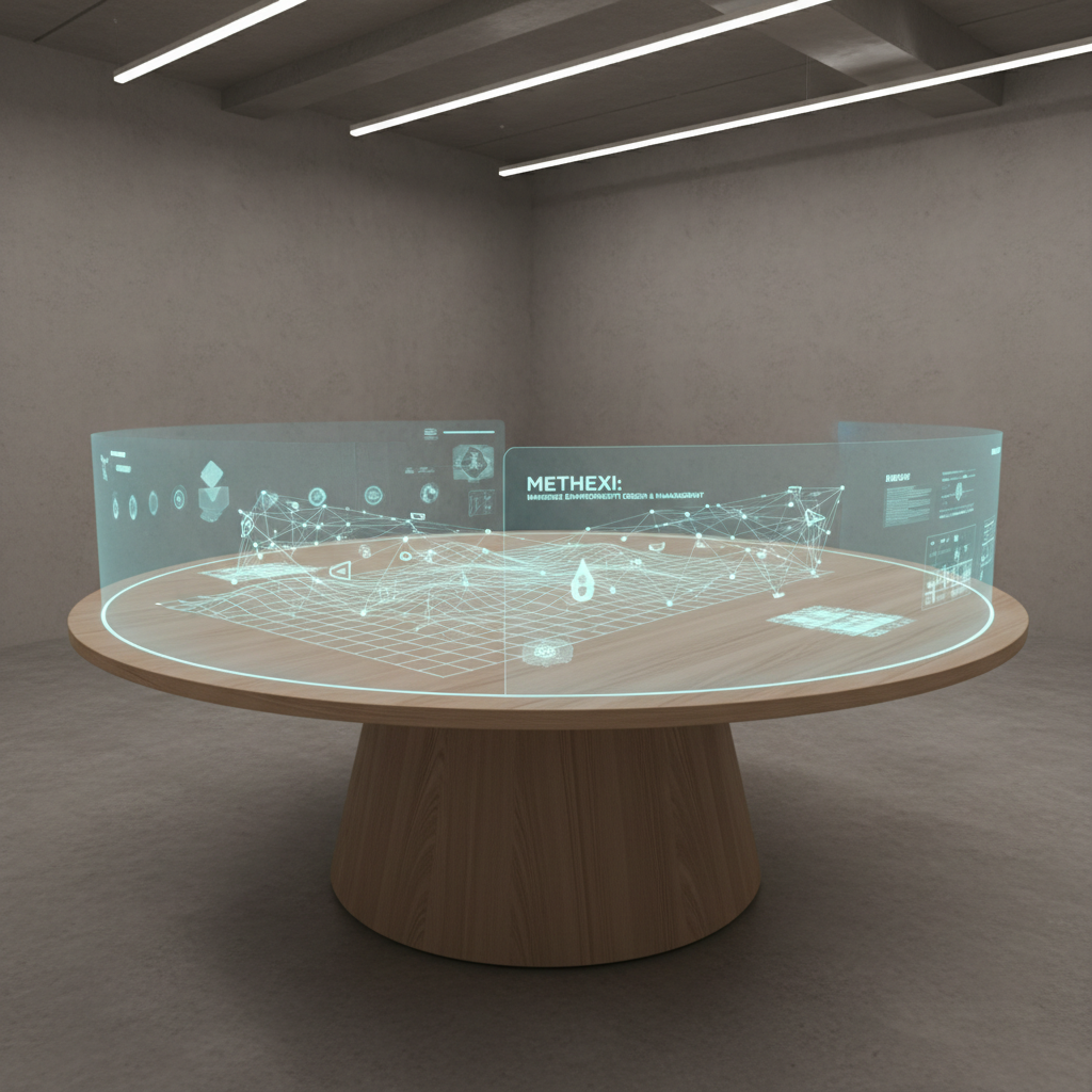 A minimalist, circular workspace table made of light ash wood, its surface overlaid with semi-transparent, glowing holographic interface panels that map a complex virtual world—terrain grids, floating icons, and interconnected nodes. The table stands in the center of a quiet, contemporary studio with concrete floors and a soft grey accent wall. Indirect LED strip lighting along the ceiling casts an even, neutral glow, highlighting the contrast between tangible wood grain and luminous digital overlays. Photographic realism with a slightly elevated angle and rule-of-thirds composition, ensuring the holograms form a graceful arc around the table. The atmosphere is focused and innovative, conveying Methexi as a powerful tool for designing and managing immersive environments for work and learning.