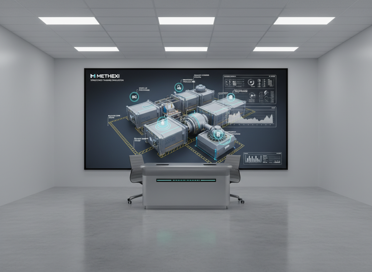 A detailed, modular virtual training environment displayed on a large, wall-mounted, frameless screen in a polished corporate innovation lab. The screen shows a 3D-rendered industrial facility with clearly labeled zones, interactive markers, and layered data panels hovering above machinery. Below the screen, a slim, brushed-aluminum console with subtle indicator lights anchors the scene. The room is illuminated by soft, overhead panel lighting, creating a neutral, glare-free workspace with gentle, crisp shadows. Photographic realism with a straight-on, eye-level composition and sharp focus throughout, emphasizing clarity and precision. The mood is professional, reliable, and analytical, highlighting Methexi’s use for structured, risk-free training simulations that bridge real-world complexity and digital control.