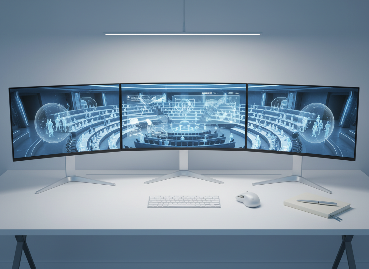 A serene virtual lecture hall environment rendered on three ultra-wide curved monitors placed side-by-side on a tidy white desk. The central screen shows a high-fidelity, futuristic amphitheater with floating presentation panels and clearly defined breakout zones, while the side monitors extend the scene into panoramic depth. A slim, wireless keyboard and mouse sit precisely aligned on the desk, with a single notebook closed beside them. Soft, cool-toned task lighting from an overhead source illuminates the workstation, while the monitors cast a subtle bluish glow onto the pristine surface. Photographic realism with a slightly elevated perspective and balanced composition, creating a calm yet advanced mood. The image underscores Methexi as a platform for immersive, distraction-free education and collaborative learning.